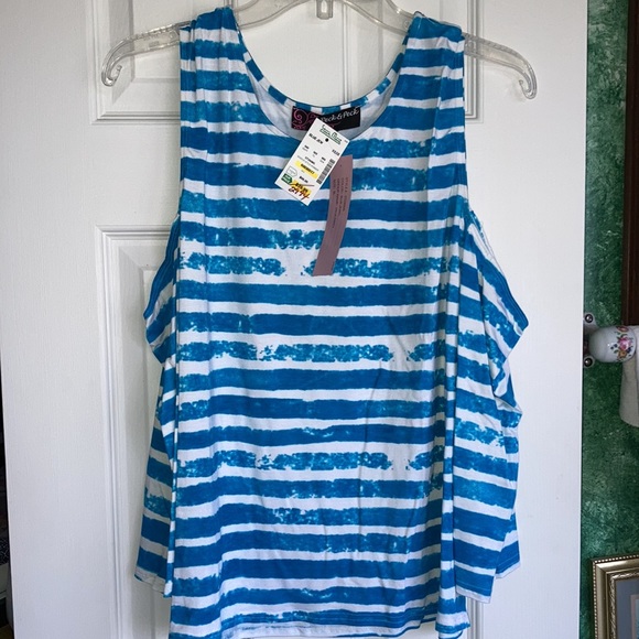 NWT PECK & PECK wh w/ turq. horizontal stripe cold- shoulder top, $20 - Picture 3 of 6